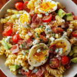 Cobb Pasta Salad in rustic bowl