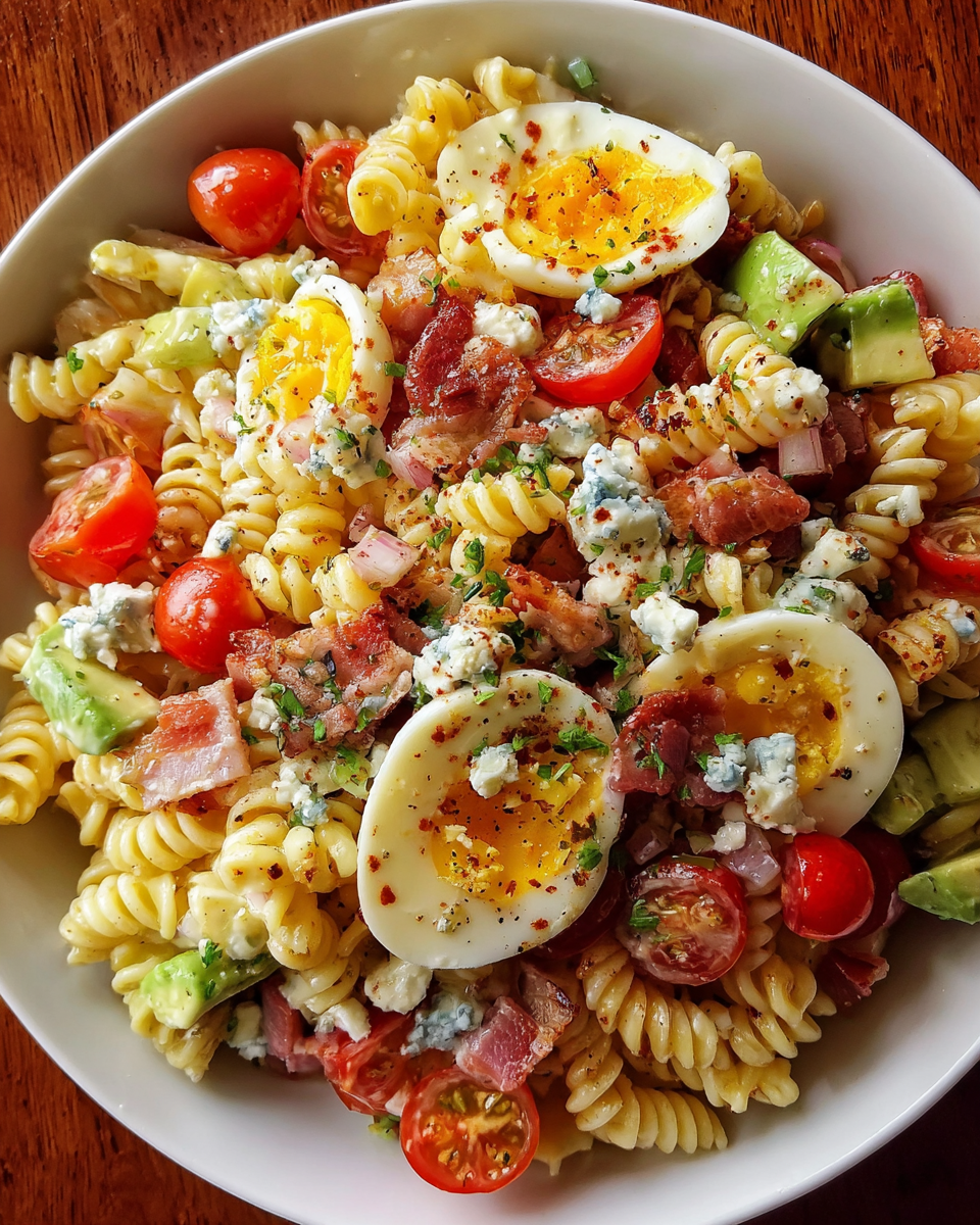 Cobb Pasta Salad in rustic bowl