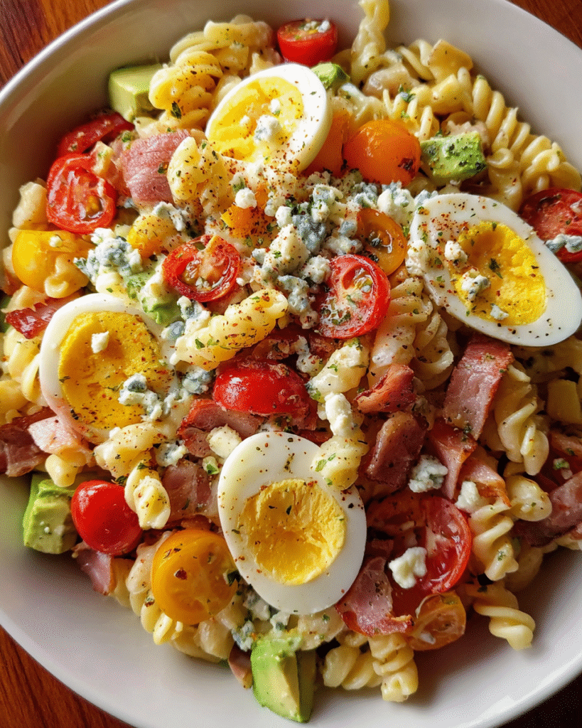 Cobb Pasta Salad in rustic bowl