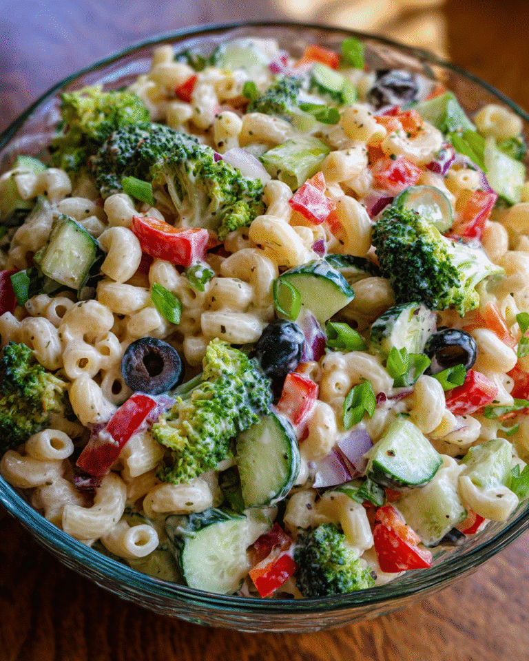 Creamy pasta salad served in a bowl with fresh vegetables
