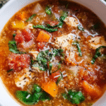 Crockpot Chicken Quinoa Soup in bowl with herbs