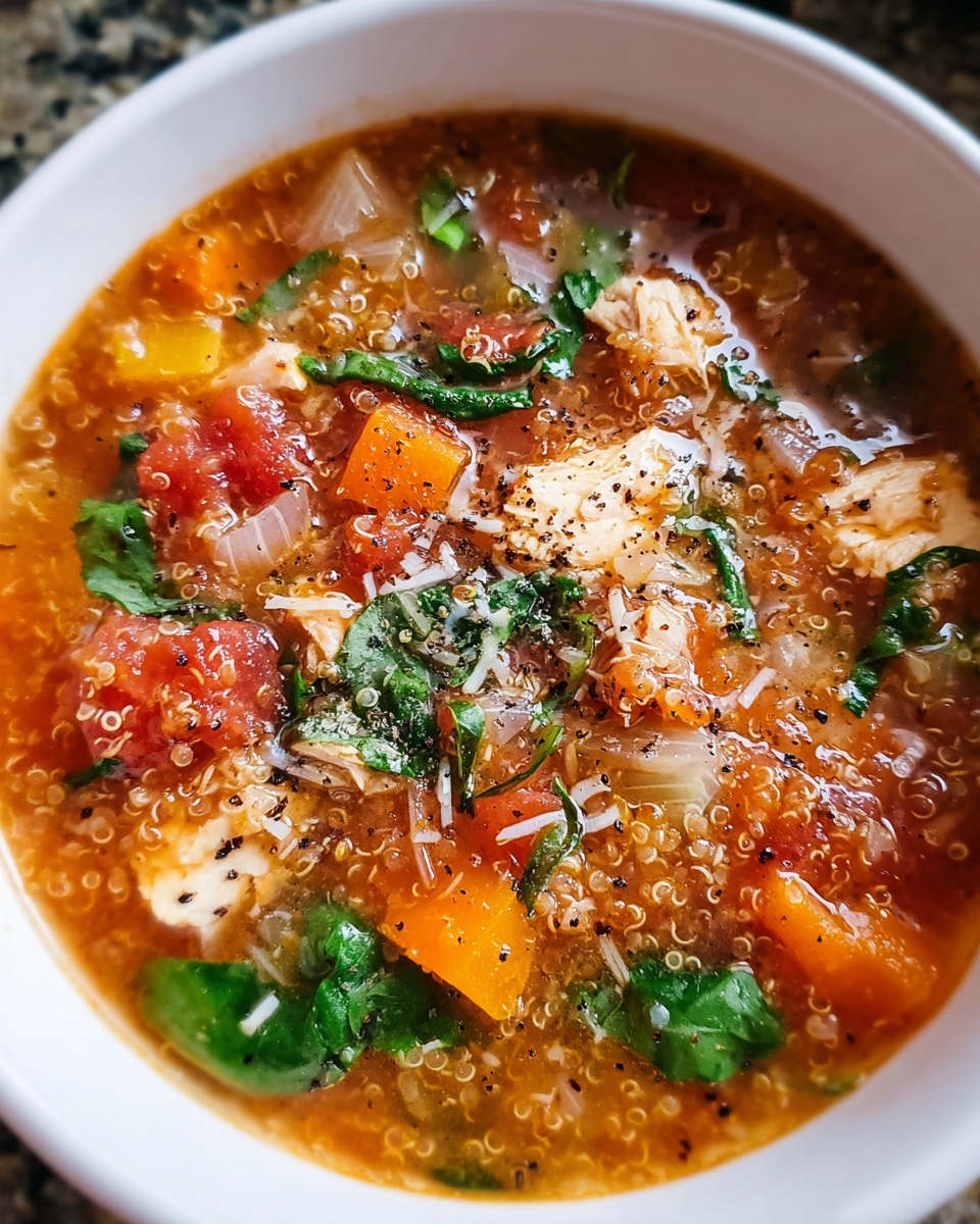 Crockpot Chicken Quinoa Soup in bowl with herbs