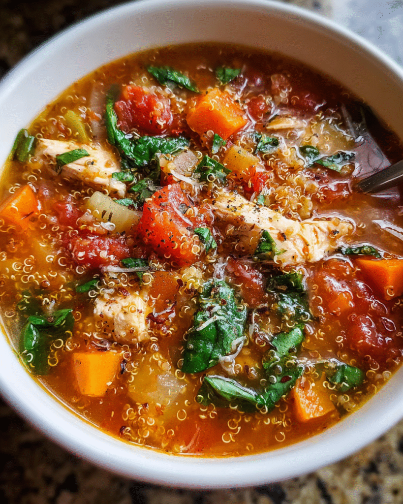 Crockpot Chicken Quinoa Soup in bowl with herbs