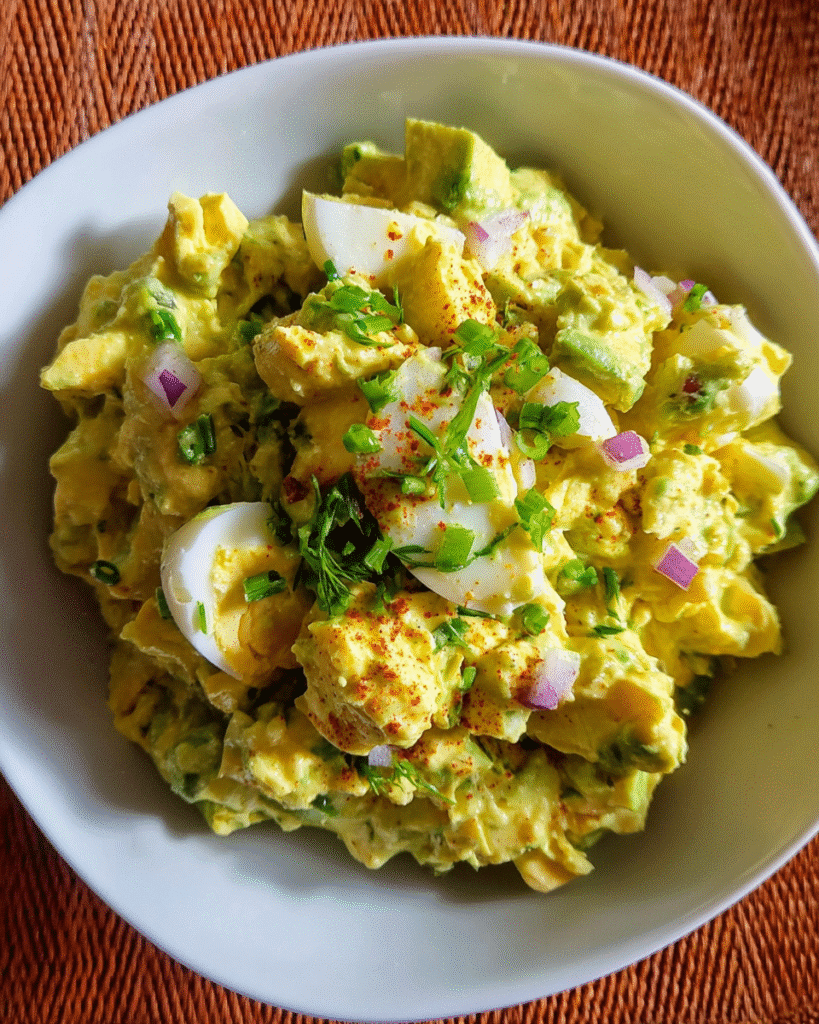 Curried avocado egg salad in serving bowl