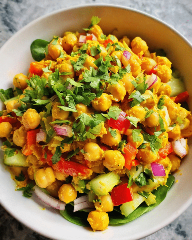 Curried Chickpea Salad in white bowl with fresh vegetables
