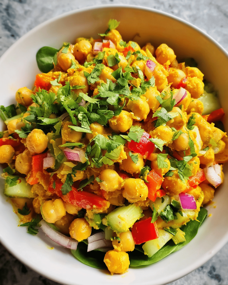 Curried Chickpea Salad in white bowl with fresh vegetables