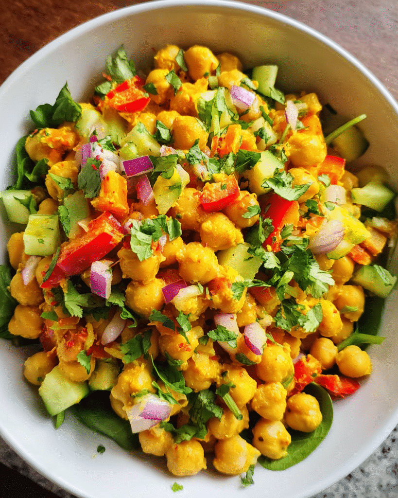Curried Chickpea Salad in white bowl with fresh vegetables