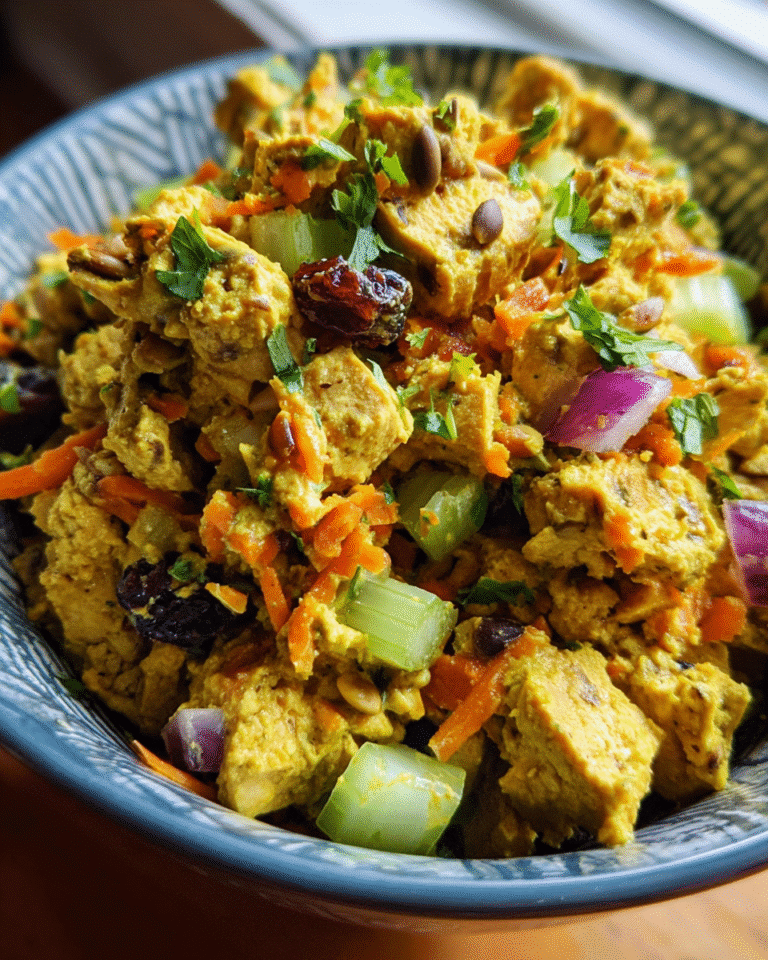 Vibrant Curried Tempeh Salad in rustic bowl