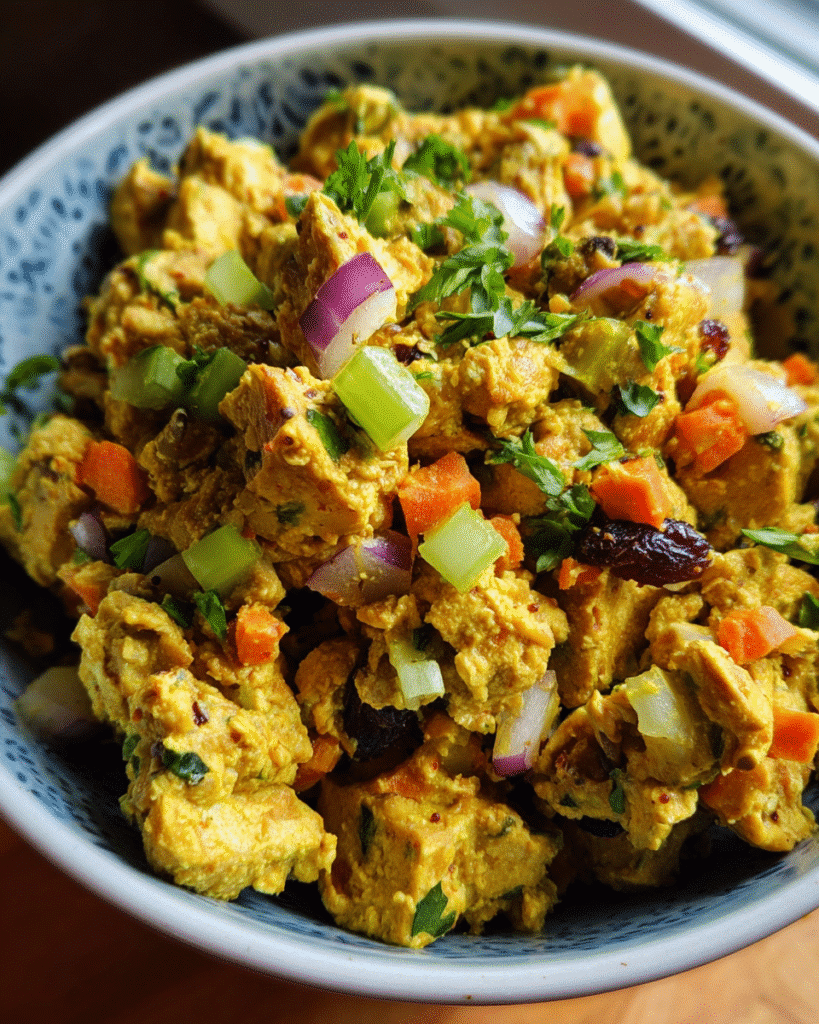 Vibrant Curried Tempeh Salad in rustic bowl