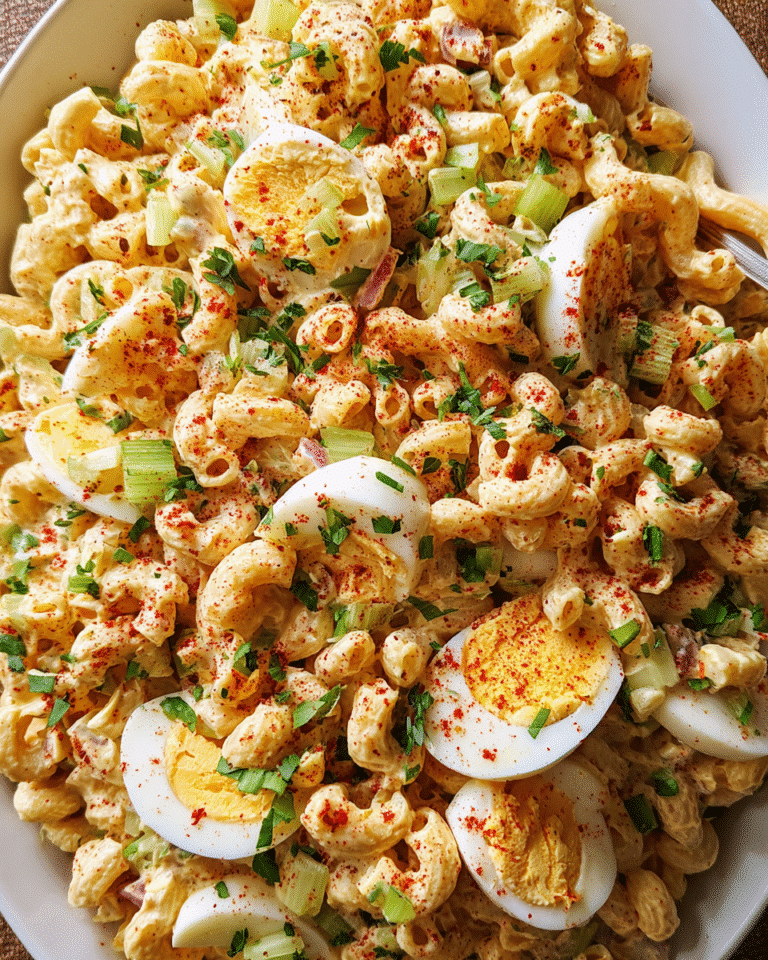 Deviled Egg Pasta Salad in a rustic bowl