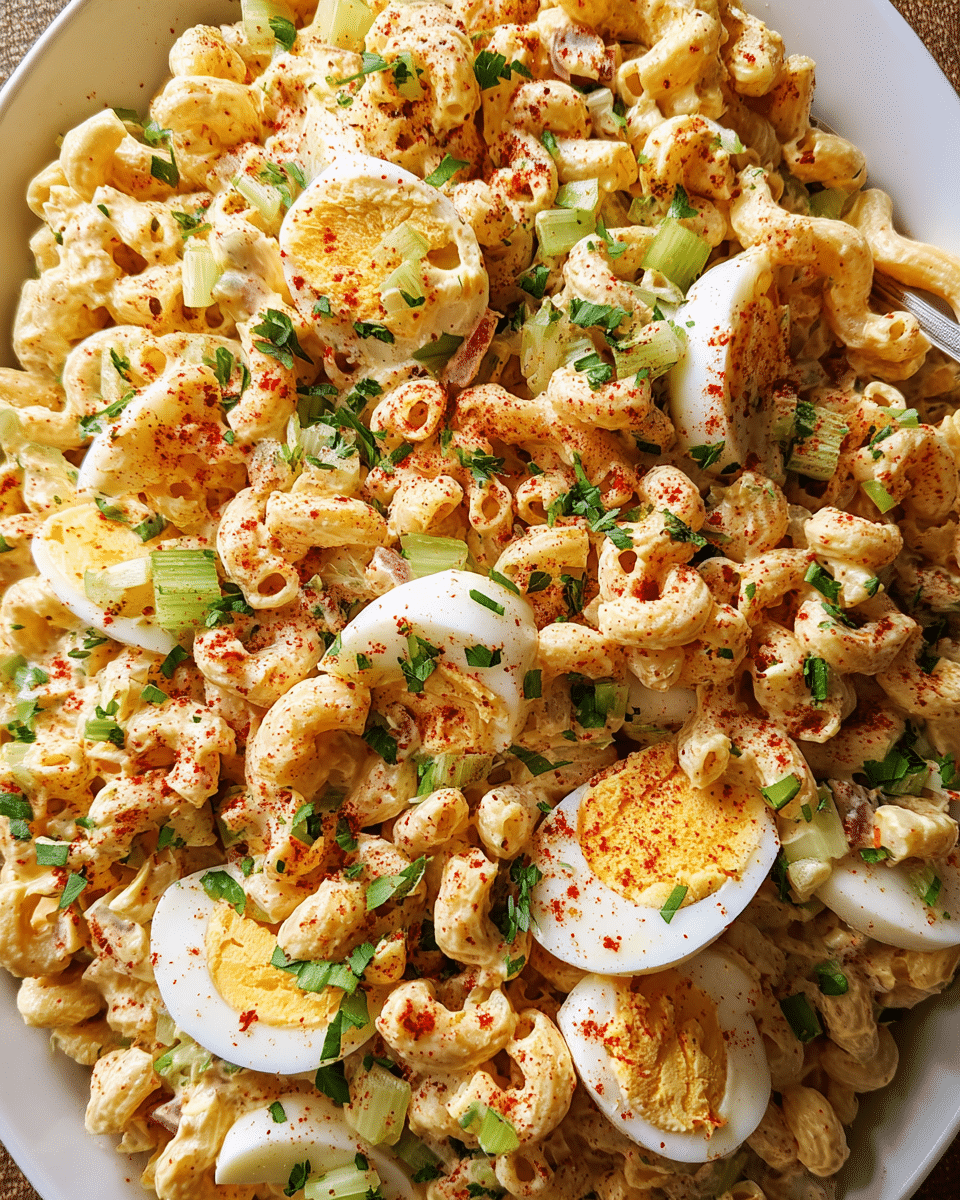 Deviled Egg Pasta Salad in a rustic bowl
