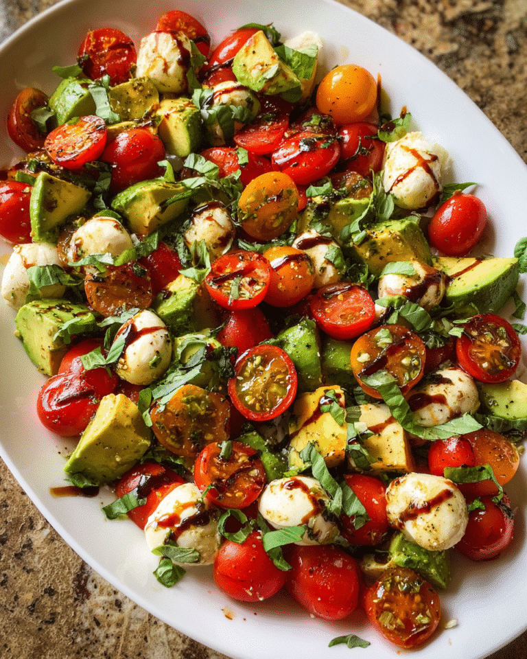 Easy Avocado Caprese Salad in rustic bowl