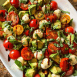 Easy Avocado Caprese Salad in rustic bowl