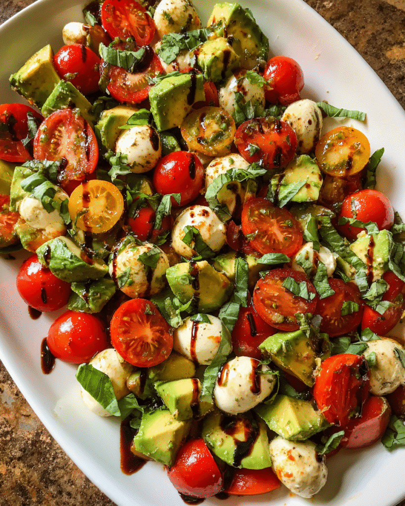 Easy Avocado Caprese Salad in rustic bowl