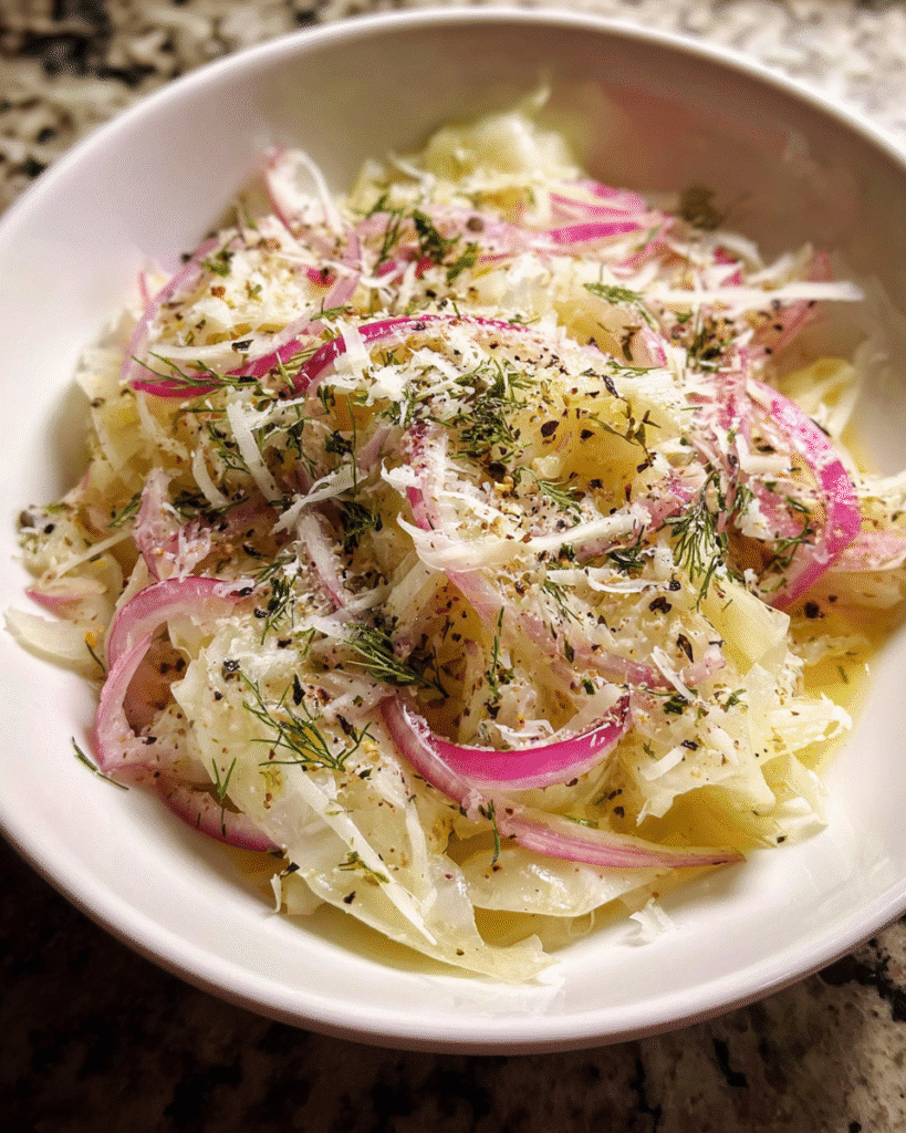 Overhead fennel salad with red onion and Parmesan