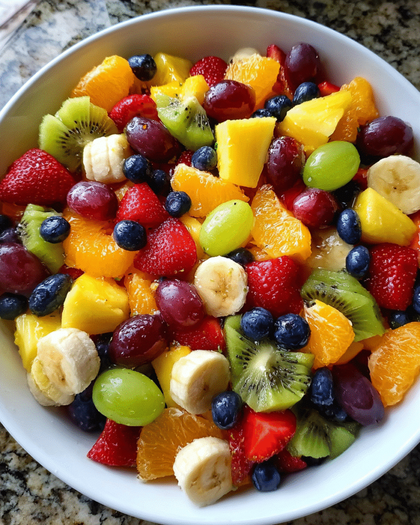 Fruit Salad with Honey Lime Dressing in glass bowl