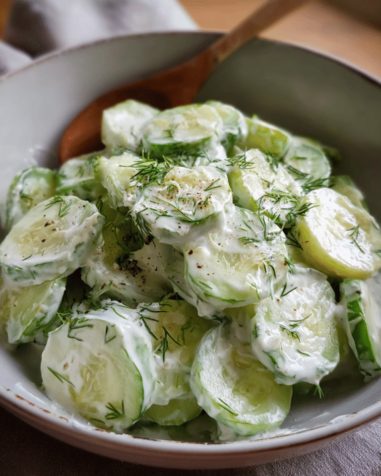 German Cucumber Salad in a ceramic bowl with dill