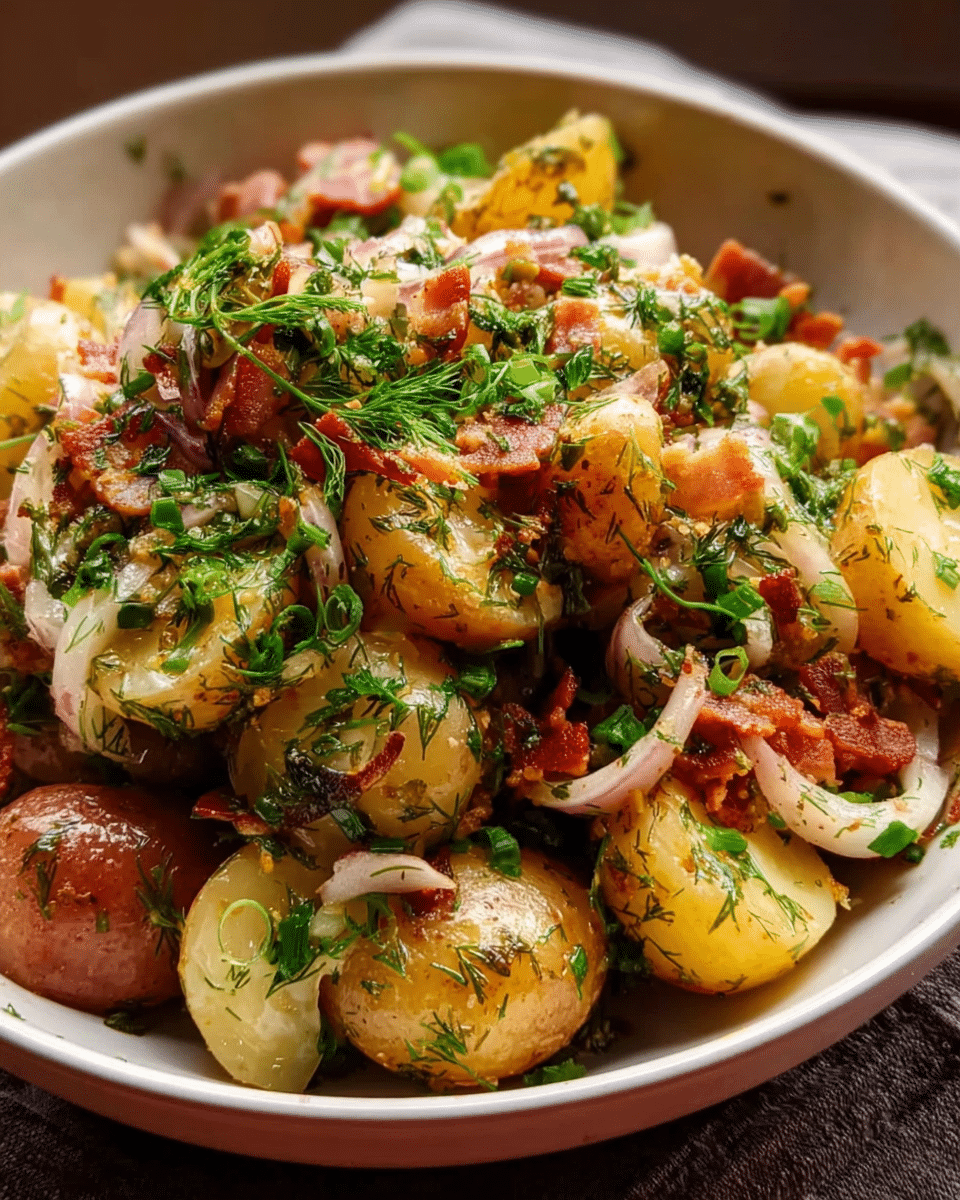 Warm German Potato Salad in rustic bowl