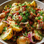 Warm German Potato Salad in rustic bowl