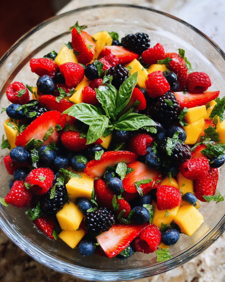 Glowing berry fruit salad in rustic bowl