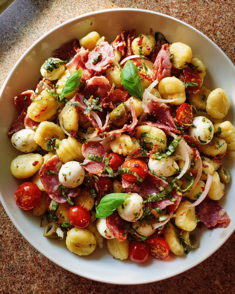Gnocchi antipasto salad in a rustic bowl with vibrant toppings