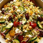 Greek Orzo Salad in a Mediterranean setting