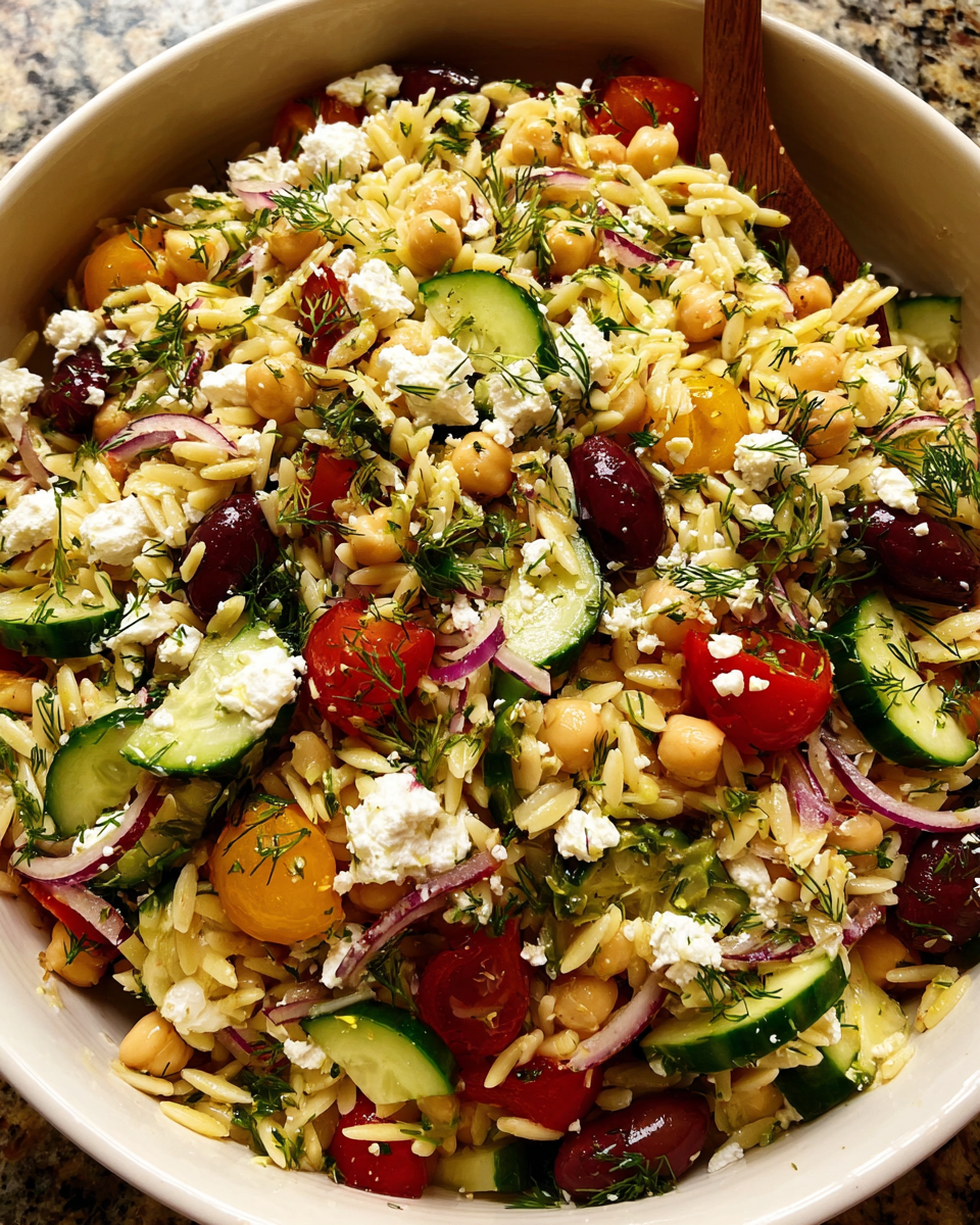 Greek Orzo Salad in a Mediterranean setting