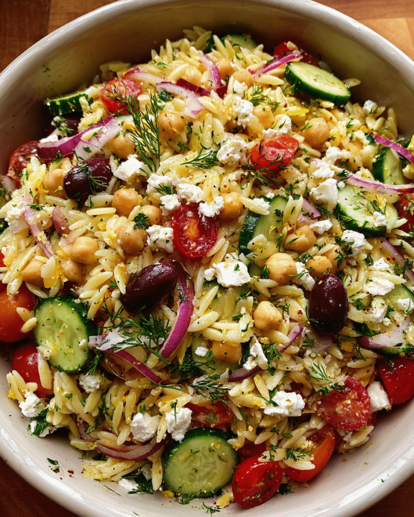 Greek Orzo Salad in a Mediterranean setting