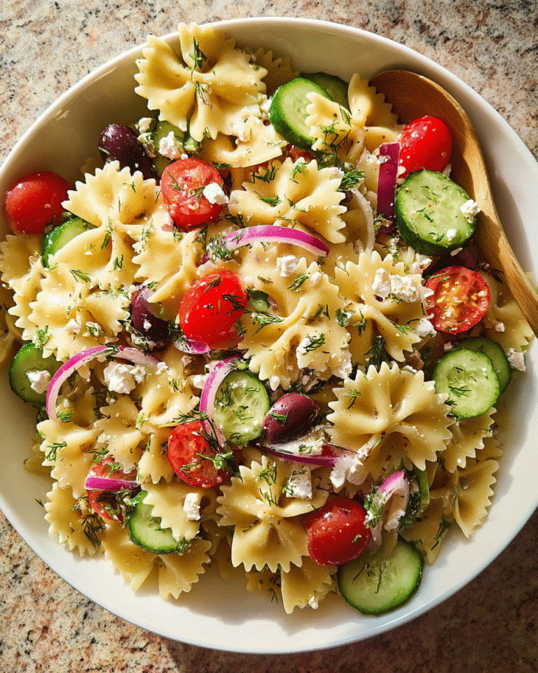 Greek pasta salad in white bowl with feta and vegetables