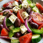 Greek salad in ceramic bowl with Mediterranean backdrop