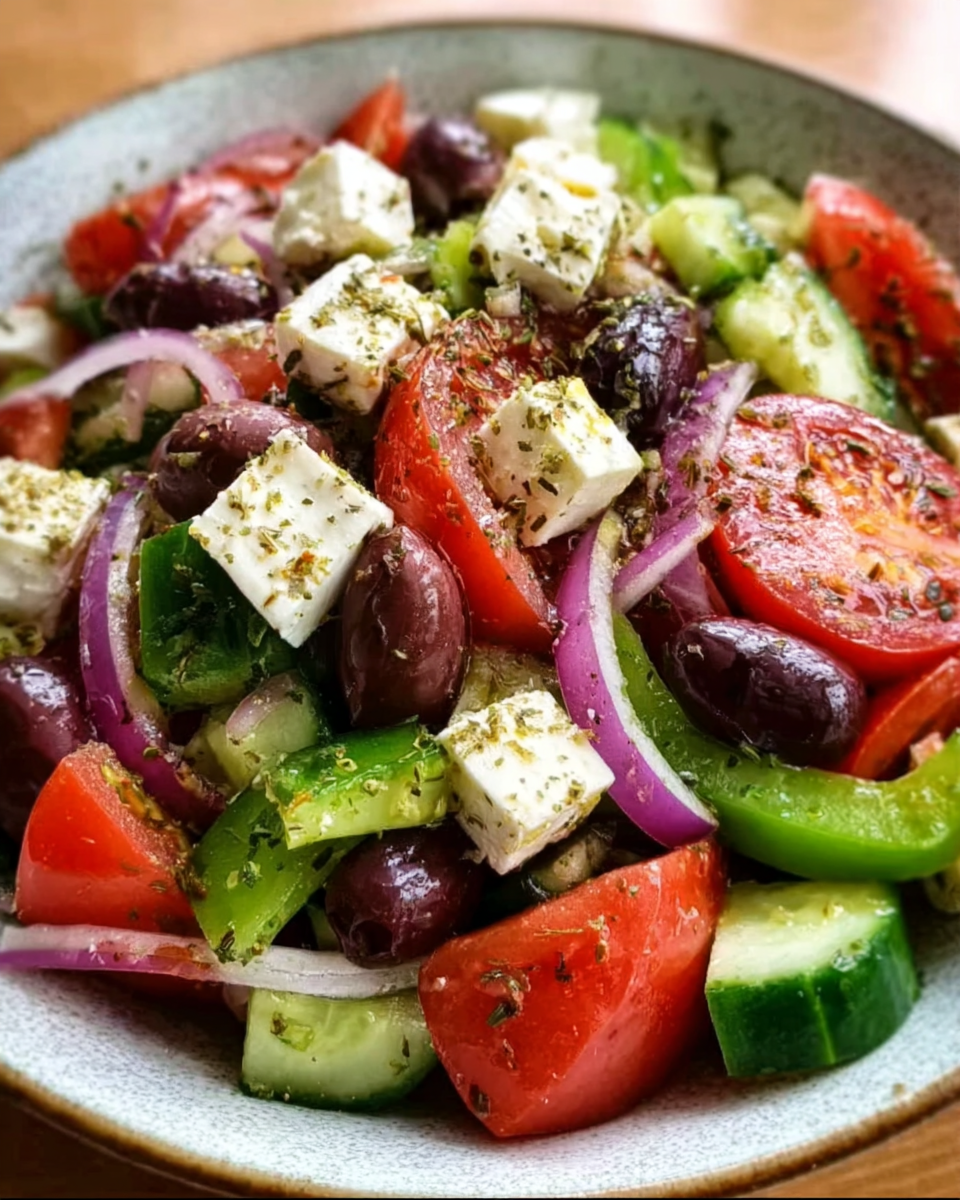 Greek salad in ceramic bowl with Mediterranean backdrop