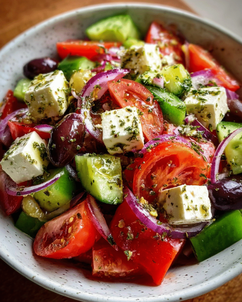 Greek salad in ceramic bowl with Mediterranean backdrop