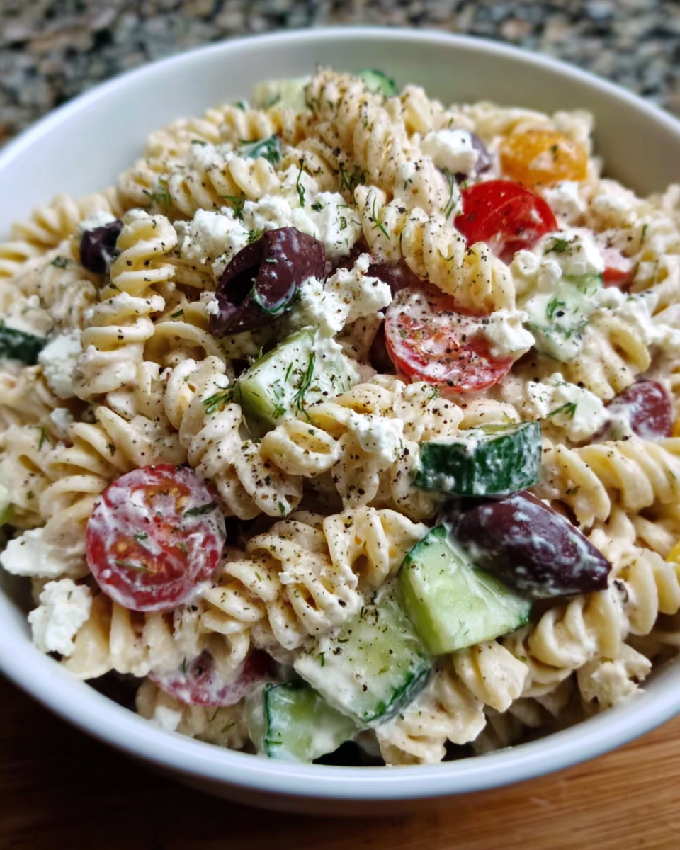 Greek style pasta salad in serving bowl