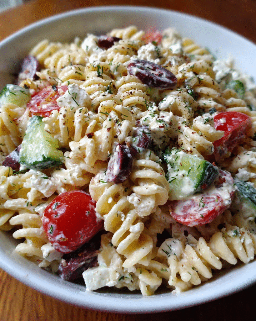 Greek style pasta salad in serving bowl