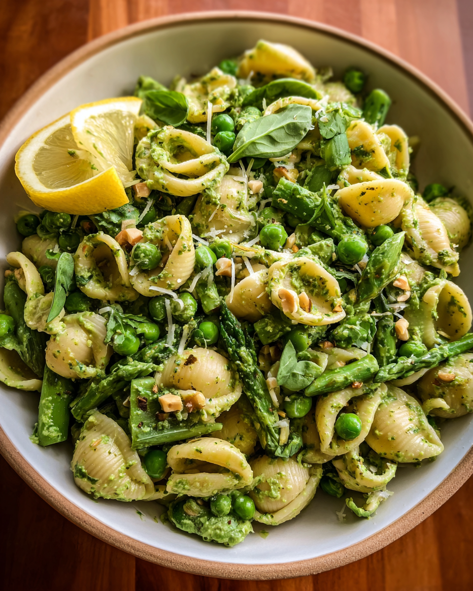 Green Goddess Pasta Salad bowl with fresh herbs