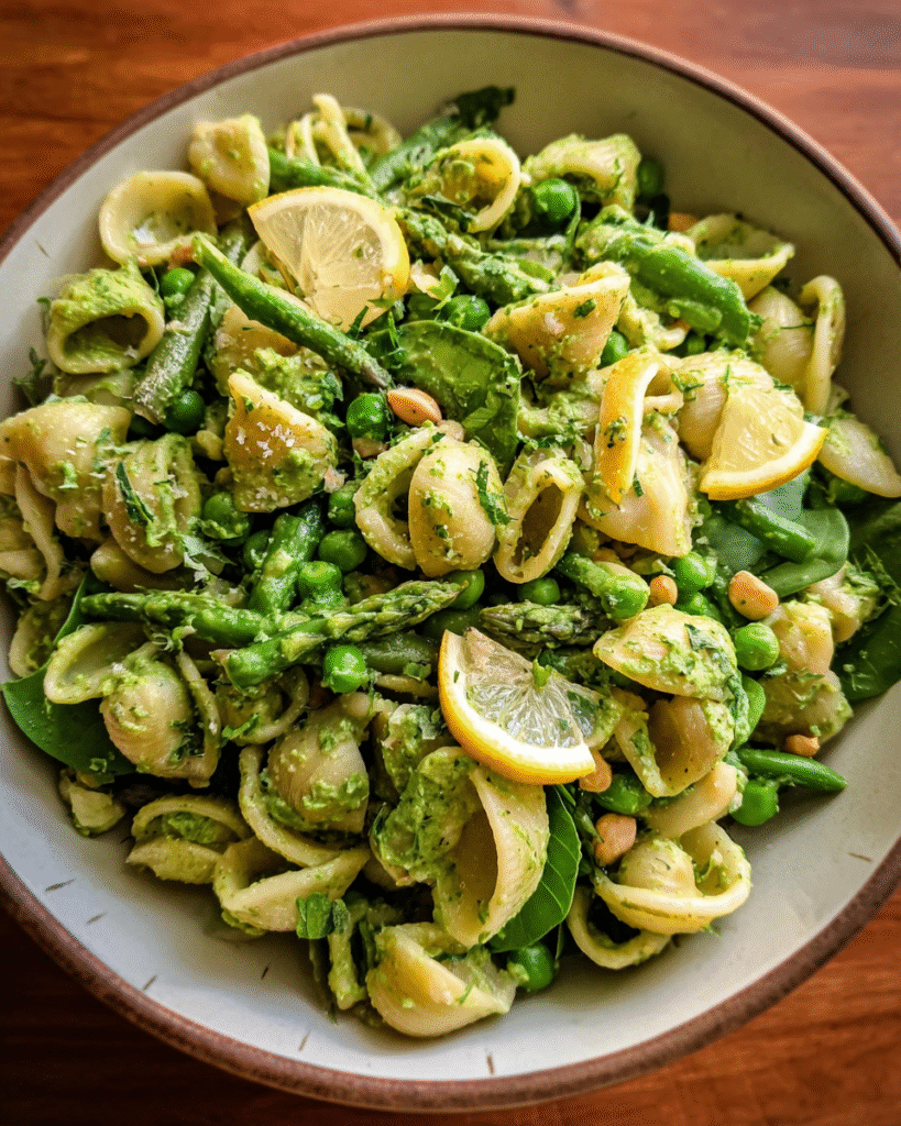 Green Goddess Pasta Salad bowl with fresh herbs
