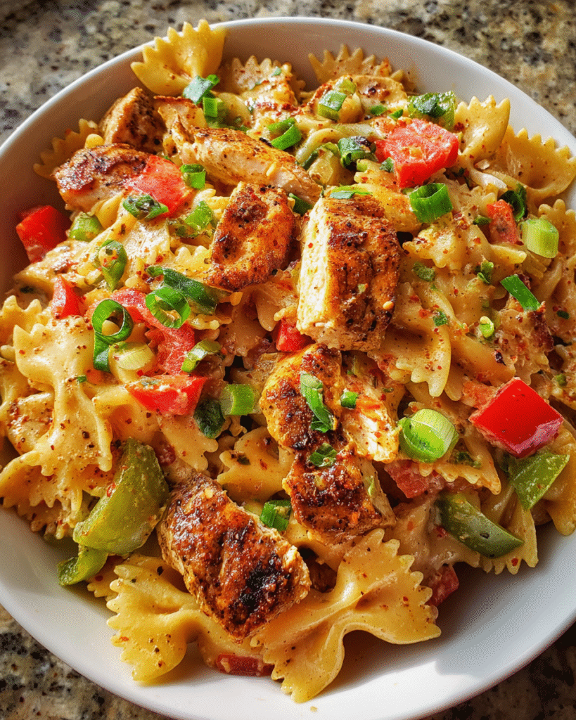 Grilled Chicken Cajun Pasta Salad with vibrant peppers