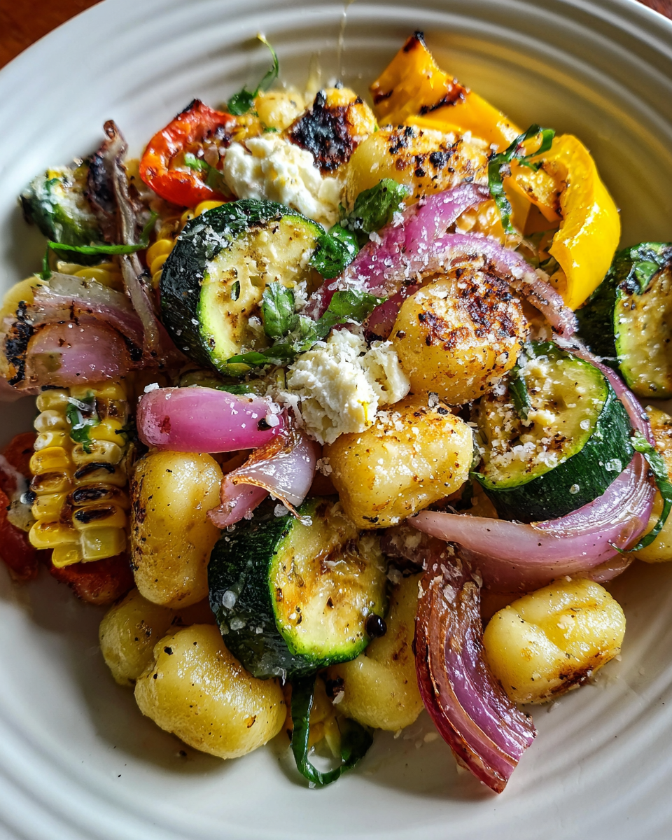 Grilled Gnocchi Salad served in rustic bowl