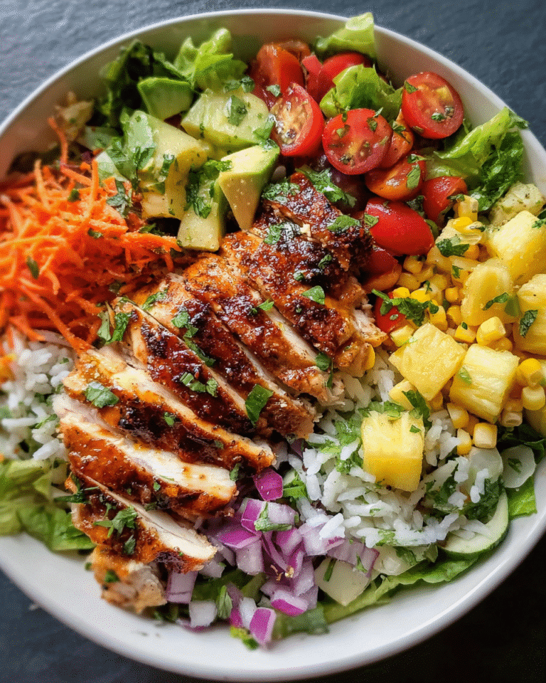 Hawaiian Chicken Salad with tropical ingredients in bowl