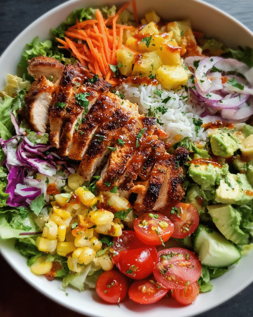 Hawaiian Chicken Salad with tropical ingredients in bowl