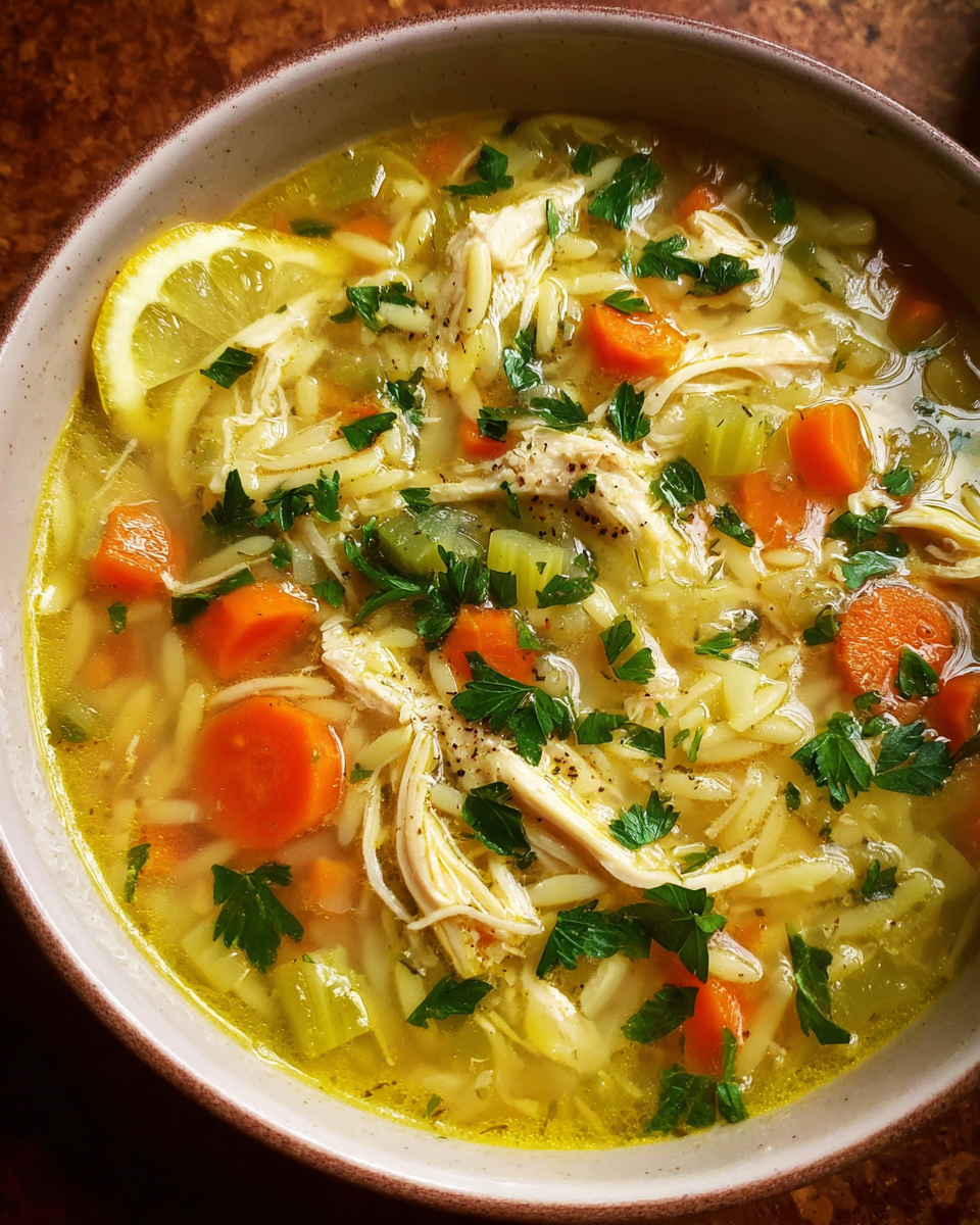 Healing One Pot Chicken Orzo Soup served hot