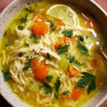 Healing One Pot Chicken Orzo Soup served hot