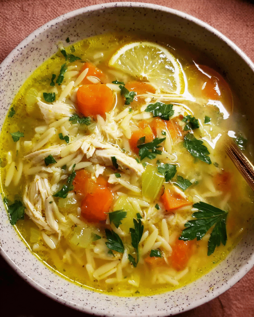 Healing One Pot Chicken Orzo Soup served hot