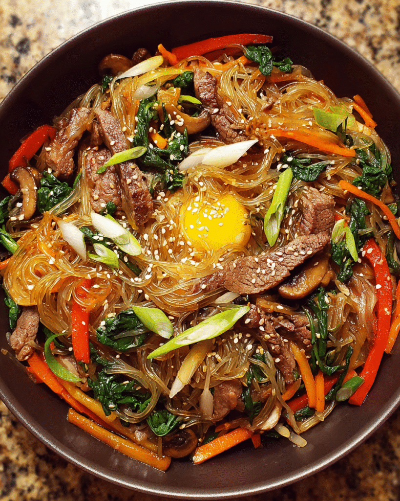 Japchae with beef and vegetables