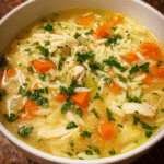 Lemon Chicken Orzo Soup served warm with parsley and lemon