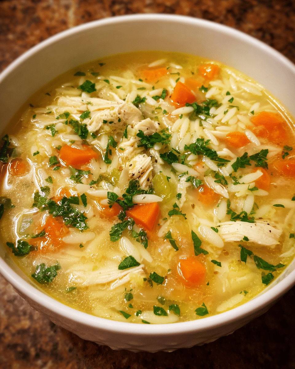 Lemon Chicken Orzo Soup served warm with parsley and lemon
