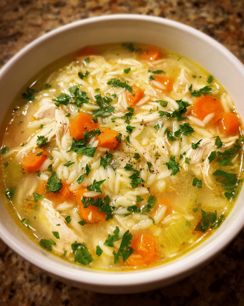 Lemon Chicken Orzo Soup served warm with parsley and lemon