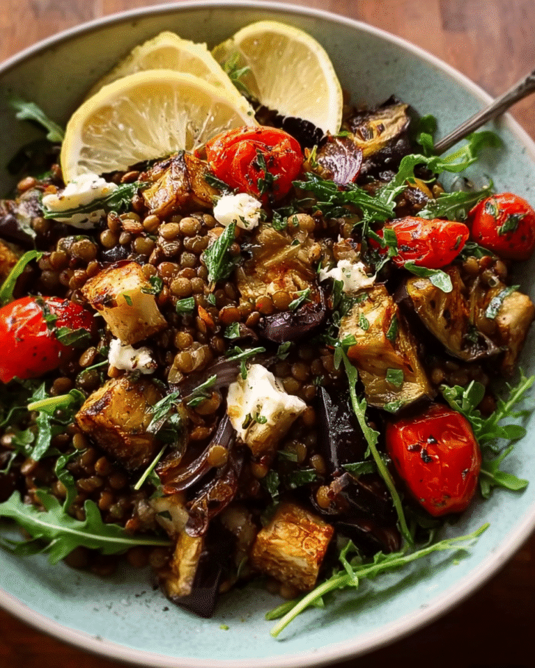 Lentil and Roasted Eggplant Salad in rustic bowl