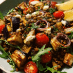 Lentil and Roasted Eggplant Salad in rustic bowl