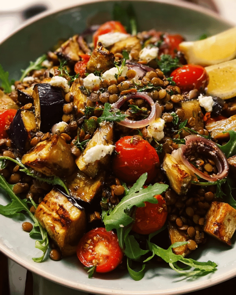 Lentil and Roasted Eggplant Salad in rustic bowl